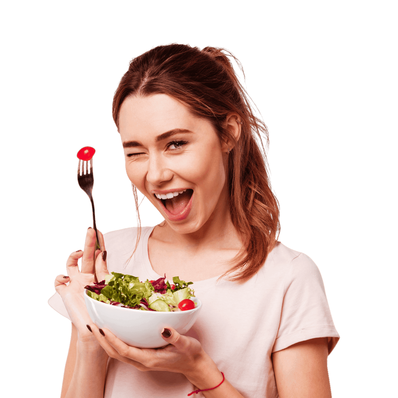 Девушка с салатом подмигивает